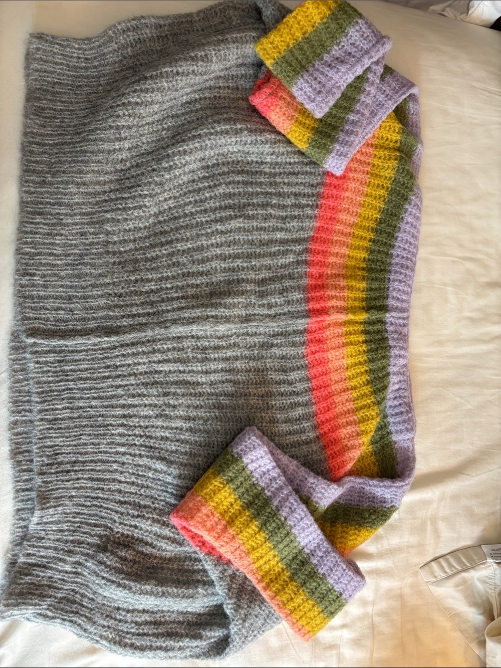 Free People Gray Off-Shoulder Sweater with Rainbow Stripe Yoke
